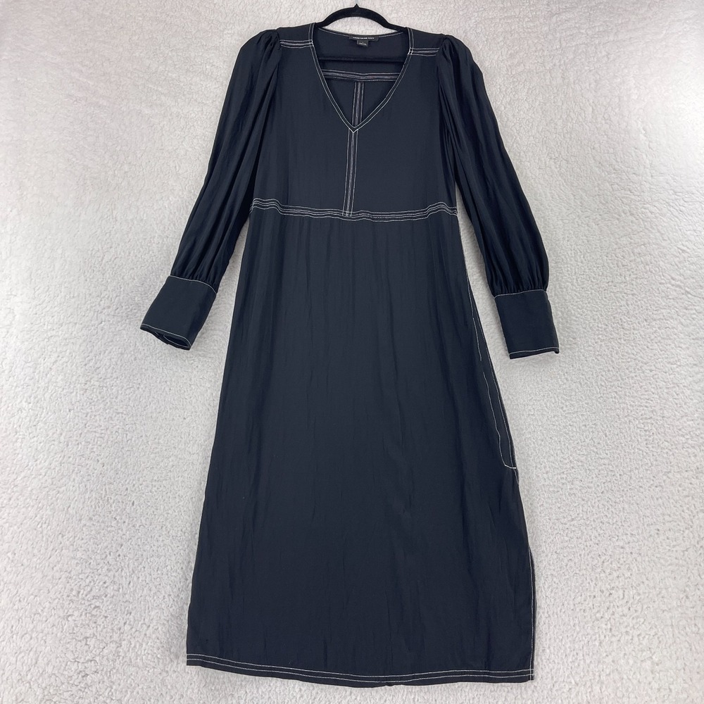 Something Navy Stitch Midi Dress Womens Small Black Long Sleeve V-Neck Side Slit